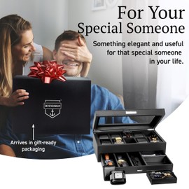 HOUNDSBAY Yachtsman Watch Box Organizer | Luxury Jewelry Organizer with Drawer, Ring Tray & Glass Lid | Great EDC Display Case for Storage | Ideal Gift for Men