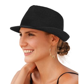 Creekstone Straw Fedora Sun Hat for Women Men Short Brim Panama Trilby Beach Hat Packable Summer Hat UPF 50+ (CA/US, Alpha, Large, Black)