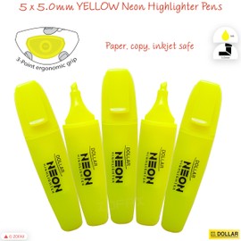 DOLLAR NeoGrip Highlighter Pens, YELLOW, Pack of 5, Chisel Tip (5.0mm), 3-Point Trio Grip, Multipack, Fast-drying, School Office Home Highlighters