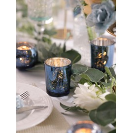 DEVI 12PCS Assorted Blue Votive Candle Holders, Mercury Tealight Candle Holder Glass, Wedding Table Decorations for Home Party, Navy Blue Birthday Graduation Rehearsal Party Dinner Decorations