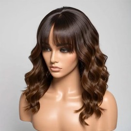 Ombre Brown Layered Cut Wavy Human Hair Wig With Bangs HD Invisible 13X4 Glueleee Lace Front Brazilian Human Hair Wig Bleached Knots #2 30 Colored Loose Wave Bangs Wig 150 Density for Women 16"