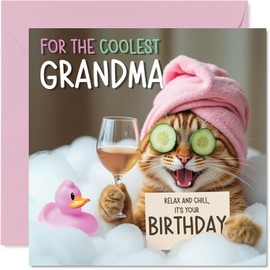 Funny Grandma Birthday Card - Relaxing Bath Cat - Cheeky Happy Birthday Card for Grandma from Grandson Granddaughter, 145mm Joke Humour Bday Greeting Cards