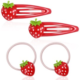 4 Pcs Strawberry Hair Clip and Hair Ties Set, Red Metal Snap Hair Clips Sweet Fruit Hair Barrettes Cute Strawberry Hair Accessories for Girls Toddlers Kids and Teens Gifts