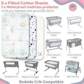 Selemavi Next to me Baby Crib Sheets – 3pc Baby Bed Set with 2 Fitted Sheets and 1 Waterproof Mattress Protector – 100% Organic Cotton Fitted Crib Sheet Baby Sheets 83 x 50cm