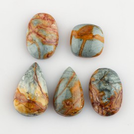 CRYSTALIS 5pcs Natural Cherry Creek Jasper Loose Gemstone Wholesale Bulk Cabochons Jewelry Making Supply, Chakra & Healing Polished Stones, Wire Wrapping, DIY, Gem Collection, 15mm+