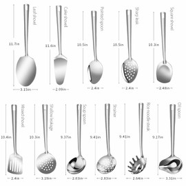 Lazycorner Cooking Utensil Set 11 Pcs Stainless Steel Kitchen Utensils Set Wok Utensils Kitchen Tool Set Spatula Set Heat Resistant Metal Kitchen Tools Ergonomic HandleEasy to Clean Dishwasher Safe