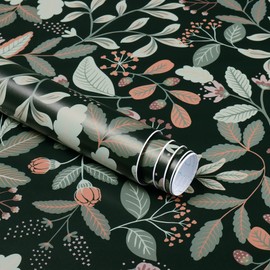 Ismoon Peel and Stick Wallpaper Pink Floral Wallpaper Leaf Black Contact Paper Flower Buds Stick on Self Adhesive Removable Vinyl Wall Paper for Bedroom, Black/Pink, 16.1x78.7in