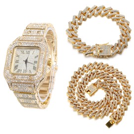 Halukakah Square Dial Diamonds Gold Watch Iced Out, Men's 18k Real Gold Plated Quartz Wristband 9.5", with Cuban Link Bracelet 8" + Necklace 18", Free Giftbox