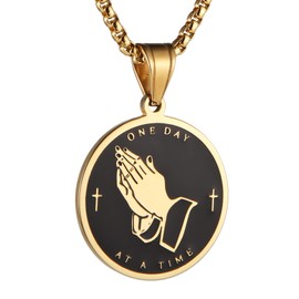 HZMAN Serenity Prayer Cross Stainless Steel Pendant Necklace for Men Women Praying Hands Coin Medal Jewelry Gift (Gold)