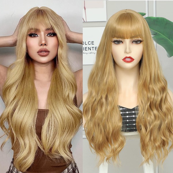 HUA MIAN LI Long Wavy Wig With Air Bangs Silky Full Heat Resistant Synthetic Wig for Women - Natural Looking Machine Made 26 inch Replacement Wig for Party Cosplay Body Wavy (Yellow)