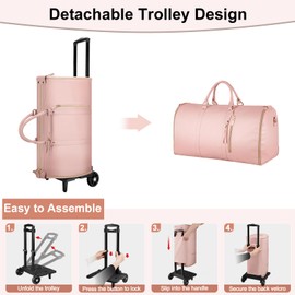 Ytonet Rolling Garment Bags for Travel, Convertible Carry On PU Leather Travel Bag 2.0 Roller Edition, 3 in 1 Suit Garment Duffle Bag with Wheels and Shoe Pouch for Business Wedding Overnight, Pink