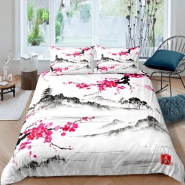 Japanese Style Cherry Blossom Duvet Cover Set, Watercolour Ink Painting Bedding Set 135 x 200 cm for Girls Women Teenagers Adults Decor Pink Flowers Landscape Bed Set with Zip