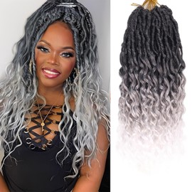 Deep Faux Locs Crochet Hair 18 Inch 8 Packs Goddess Locs Crochet Hair 1BGrayWhite Soft Loc Faux Loc Crochet Braids with Curly Ends Prelooped Deep Wave Croceht Braids for Black Women(Black to white)