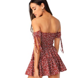 Floerns Women's Two Piece Outfit Floral Off Shoulder Drawstring Crop Top and Skirt Set A Red Floral M