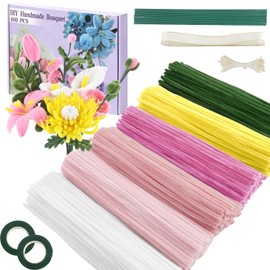 400 Pcs Pipe Cleaners Craft,6 Assorted Colors Pipe Cleaners Bulk, Chenille Stems for DIY Flower Making Kit with Floral Wires, Gardening Tape,Stamen& Ribbon (Pink Flower)
