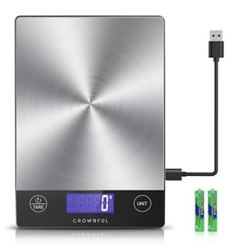 CROWNFUL Báscula de cocina recargable para alimentos, báscula digital de 33 lb, gramos y onzas de peso para hornear y cocinar, carga tipo C, pantalla LCD, acero inoxidable 304