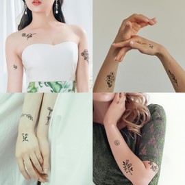 One Grace Mini Black Flower Temporary Tattoos - Realistic Long Lasting Waterproof Tiny Tattoos - Cute Floral Bouquet Wild Plants Small Tattoos for Women and Men