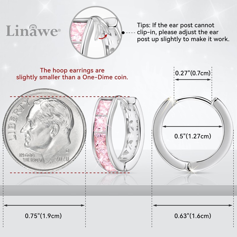 Linawe Silver Hoop Earrings for Women Trendy, Pink Cubic Zirconia