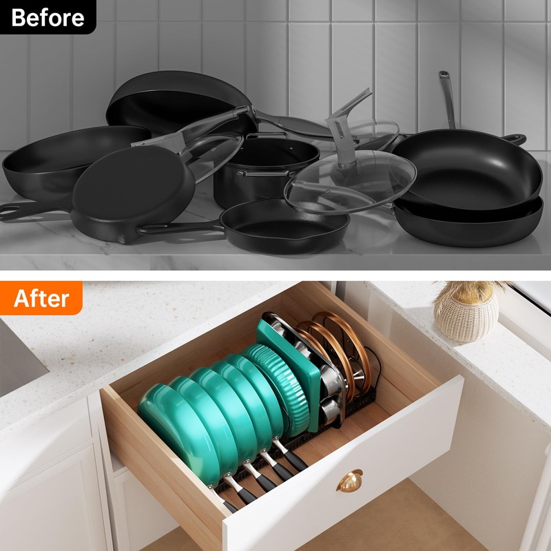 MUDEELA Expandable Pots and Pans Organizer Rack under Cabinet, Pots