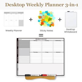 Dry Erase Desk Calendar Board - Reusable Desktop Weekly Note Board to-do List - 11.5"x14.5" Tabletop Dry Erase Board with Stand - 6 Markers Included