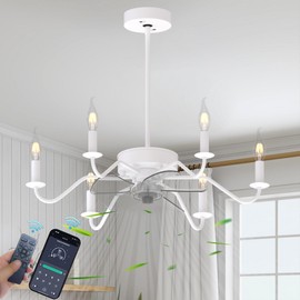 PJEINAGNDOB Ceiling Fan with Branch-Shaped Candlestick Chandelier, Remote Control, 6-Speed, Industrial Modern Ceiling Fan, Suitable for Bedroom, Dining Table, Lobby, Living Room, Office (White)