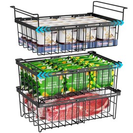 iSPECLE Deep Freezer Organizer Bins - 3 Pack Large Freezer organizer Bins, Hanging Basket Expands to 24.8" (L), Stackable Bins Expand to 17.7", Fit 10 to 20 Cu.FT, 1 Hanging & 2 Stacking, Black