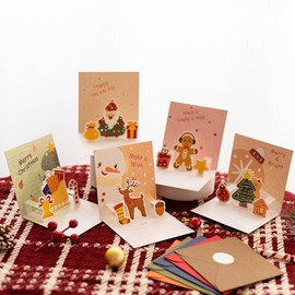 Christmas Cards, Pop Up 6 Pack Assorted 3D Small Greeting Cards Bulk with Envelopes in 6 Colors, Silver Pressed Craft, Sealing Stickers Perfect for Christmas