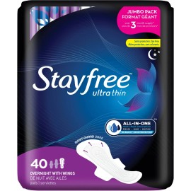 Branded Stayfree Ultra Thin Overnight Pads with Wings, 40 Ct – Leak Protection
