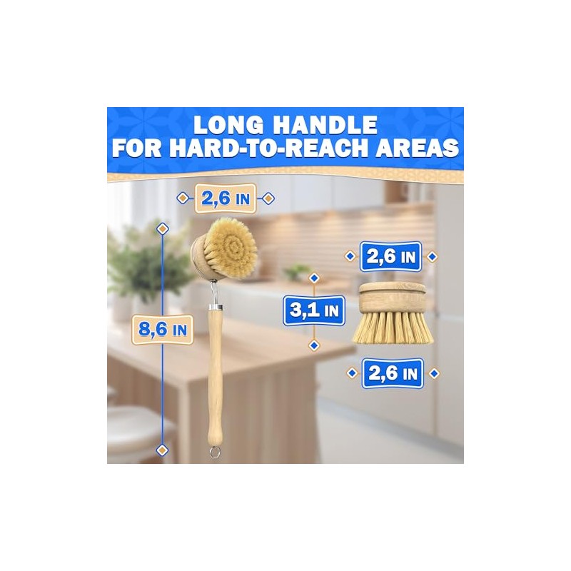 5 Pcs Bamboo Dish Brush Set, Non-Scratch Bristles, Replacement Head