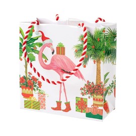 Caspari Christmas Flamingos Small Square Gift Bag, 2 Count