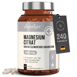 VitaBright Magnesiumcitrat 1480mg, 240 Magnesium Hochdosiert Kapseln (444mg Elementares Magnesium Pulver) Pur Magnesiumcitrat Pulver Kapseln, Magnesium Citrat/Magnesium Citrate Kapseln VitaBright