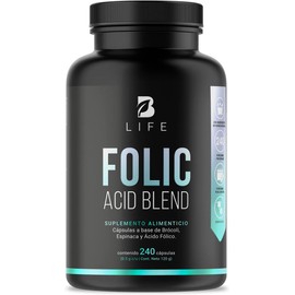 Ácido Fólico de 240 Cápsulas con Brócoli y Espinaca. Ingredientes Naturales. Folic Acid Blend B Life