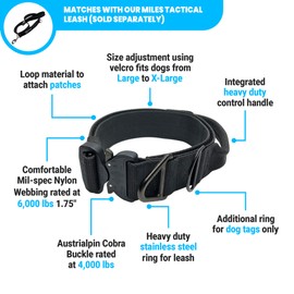 Miles Tactical Cobra Buckle Dog Collar Heavy Duty for Large Dogs K9 and Military Made in USA (Large with Handle, Black)