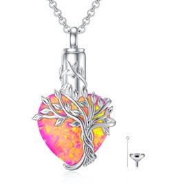 TOUPOP Purple Opal Tree of Life Urn Necklace for Ashes 925 Sterling Silver Purple Opal Heart Cremation Necklace w/Funnel Filler Jewelry Gifts for Women