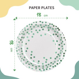 AIPartywar Party Paper Plates, 50-Pack Disposable White and Green Plates, Foil Polka Dots, 7-Inch Dinner Plates for Graduation Wedding Birthday Party