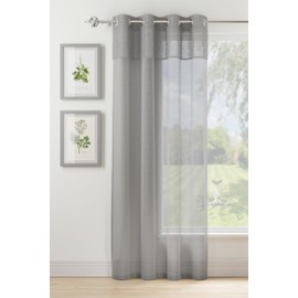 Maple Textiles Eyelet Ring Top Heading Voile Curtain Panels Soft Linen/Muslin Look with Texture Band Top and Sizes (Single, Grey, 90" Drop)