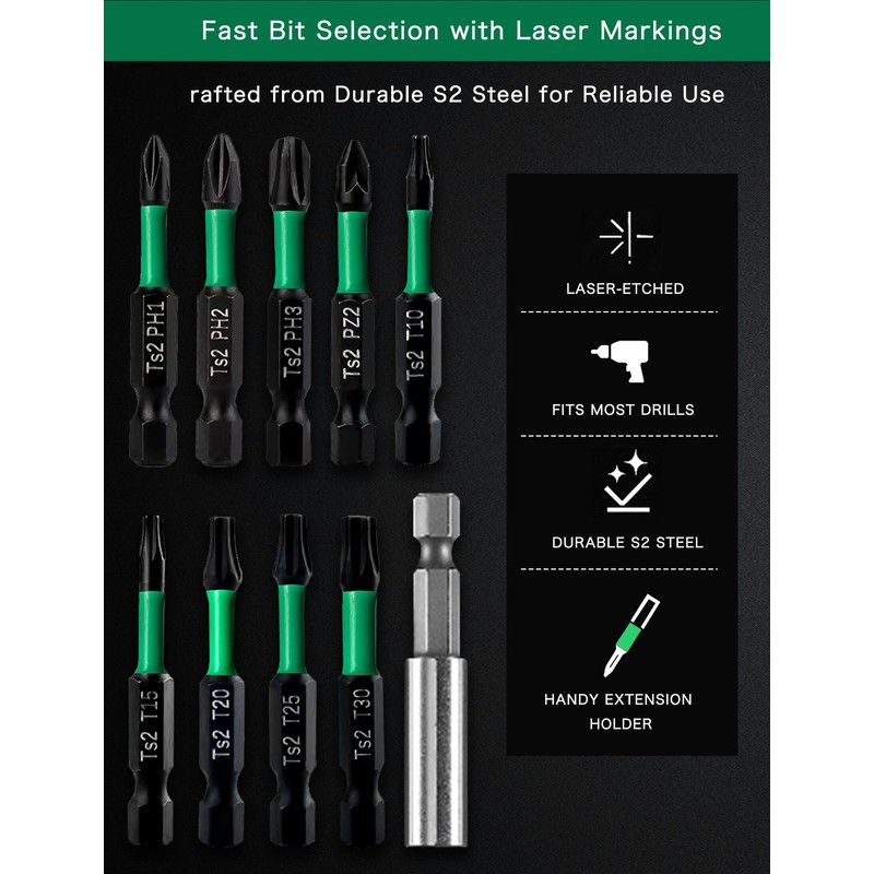 PERZUMI Drill Screwdriver Bit Set, 10 PCS S2 Steel Drill