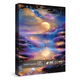 Fantasy Waterfall Landscape Puzzles for Adults 1000 Pieces, River Moon Scenic Jigsaw Puzzle Nature, Starry Night Art Challenging Puzzle as Home Decor