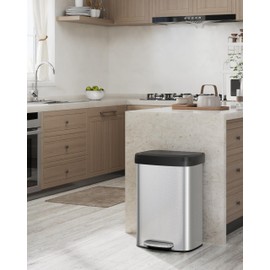 Garvee 13 Gallon / 50 Liter Stainless Steel Trash Can with Lid, Large Garbage Can for Kitchen, Rustproof Step-on Kitchen Metal Trash Bin with Liner Rim, Rear Handle, Soft Close Plastic Lid, Silver