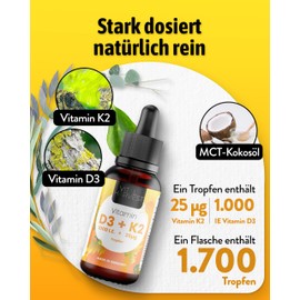 Vital Harvest® Premium Vitamin D3 K2 Tropfen 1000 IE 50ml | Hochdosiertes D3 & K2 MK-7 | Veganes Vitamin D3 + Vitamin K2 MK7, laborgeprüft in Deutschland hergestellt - ohne Zusatzstoffe