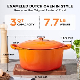 Onader 3QT Cast Iron Dutch Oven Pot with Lid Round Dutch Oven for Sourdough Bread Baking Small Enameled Heavy Duty Cookware - Orange