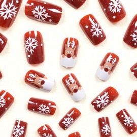 Christmas Press on Nails Red Fake Nails Short Square False Nails Press ons with Snowflake Elk Design Xmas Acrylic Nails Full Cover Glossy Glue on Nails Stick on Nails for Women Nails Decorations 24Pcs