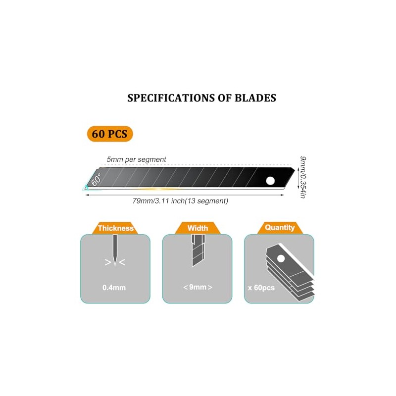 9mm Snap Off Utility Knife Blades, 60 Pack - 13