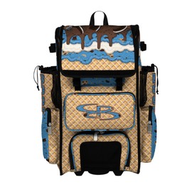 Boombah Superpack Hybrid Rolling Bat Bag - Wheeled & Backpack Version - Ice Cream Monster Cookie Gold/Columbia Blue/Brown