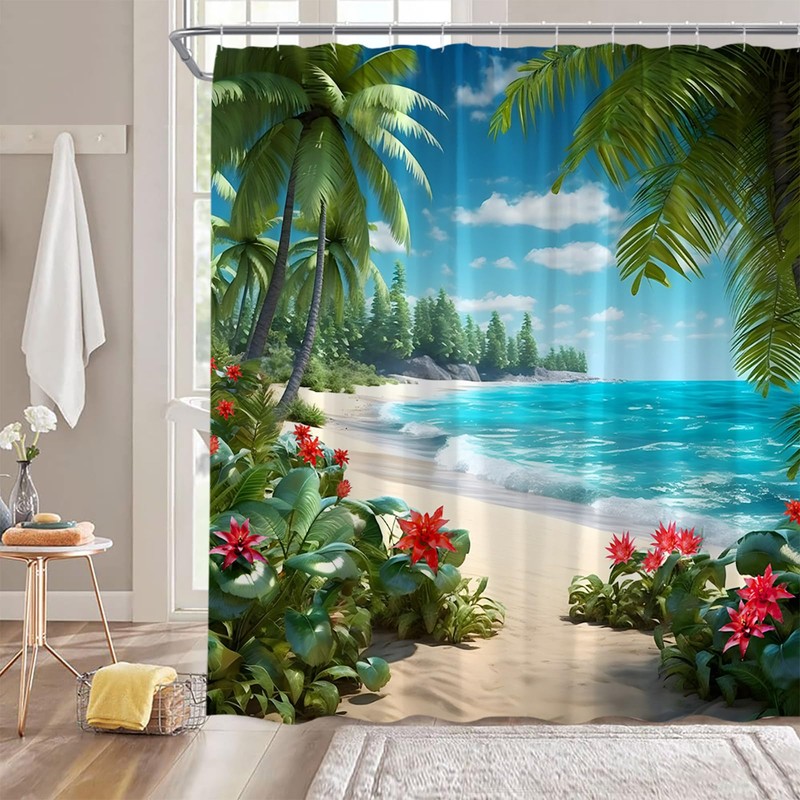 WANVYON Beach Shower Curtain Tropical Ocean Palm Tree Floral Summer