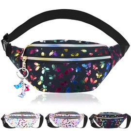 Holographic Belt Bag for Women, Fashion Waterproof PU Leather Bum Bag with Key Ring, Adjustable Strap Waist Bag for Men, Women, Sports, Travel, Camping, Outdoor Activities, black, Unit size,