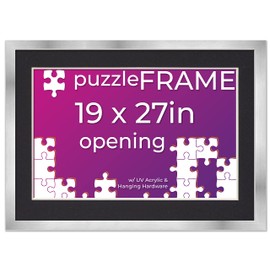 Poster Palooza 19x27 Jigsaw Puzzle Frame Kit - Kit Includes Puzzle Glue Sheets, Silver Wood Puzzle Frame with Black Mat, UV Acrylic, Backing, Hanging Hardware