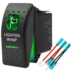 5 Pin Lighted Whip Waterproof Rocker Switch Toggle - ON/Off Green 2 LED Light - 12V 20Amp 24V 10Amp, for Automotive Cars Vehicles Marine Boats Trucks Trailers 4x4 Caravans RVs SUV ATV UTV & More