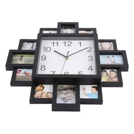 2 in 1 Plastic Wall Clock + Photo Frame Black Modern Home Decor Living Room Decoration Surrounded by Several Photos