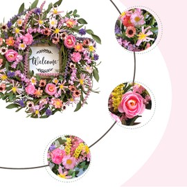 Spring Summer Wreath for Front Door - 22 Inch Artificial Floral Wreath with Roses, Wild Flowers, Leaves & Welcome Board - Farmhouse Indoor/Outdoor Wall Decor